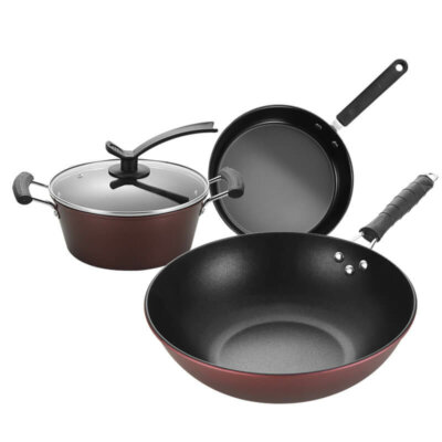 3-Piece Cookware Set-Nonstick Wrought Iron Wok, Soup Pot, Frying Pan