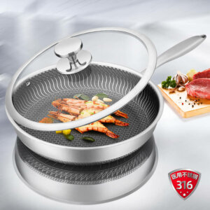 Nonstick Stainless #316 wok pan with lid and honeycomb for gas cooktops,Induction,electric stove,dishwasher safe