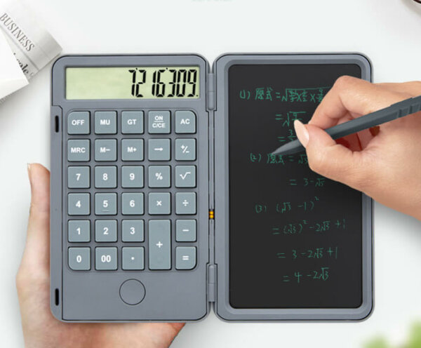 Foldable Calculator with Erasable 6 Inch Writing Tablet, LCD Large Display 12-Digit USB Charging