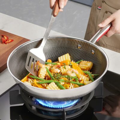 32cm Stainless #316 nonstick wok pan with lid and honeycomb for gas cooktops, Induction,electric stove,dishwasher safe