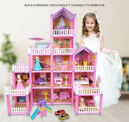 Fantastic 10 Rooms 3 Story Huge Dollhouse with 4 Dolls