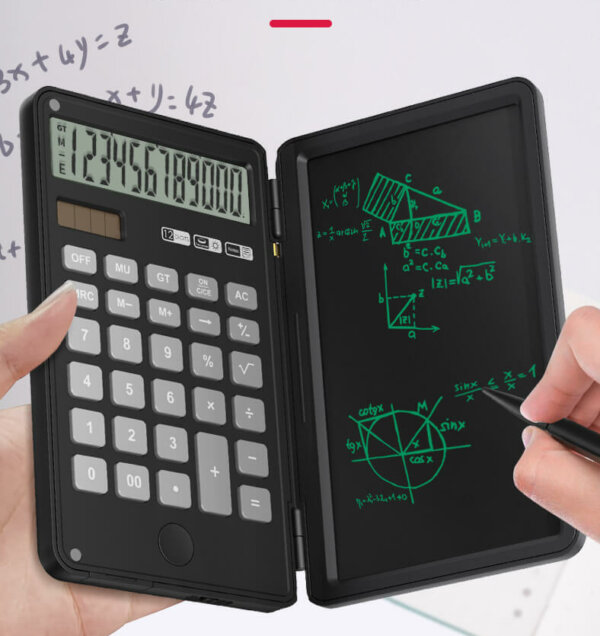 Foldable Calculator with Erasable 6 Inch Writing Tablet, LCD Large Display 12-Digit Battery Powered