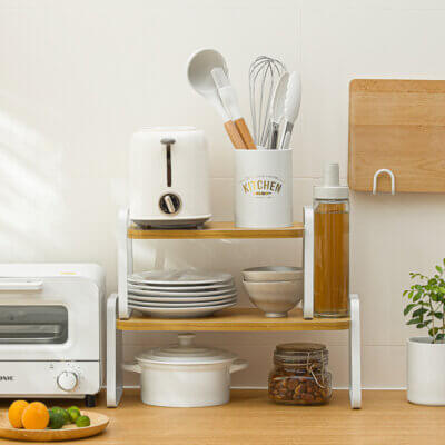 Stackable Bamboo Metal Storage Shelves-Kitchen Cabinet and Counter Shelf Organizer