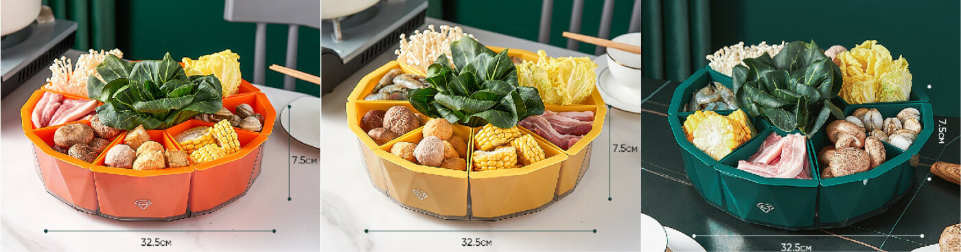 Rotating Hot Pot/ BBQ Platter with Colander, Plastic 9 Cell Divided Storage Containers for Party, Serving Appetizers, Relish, Fruit, Dessert, Charcuterie