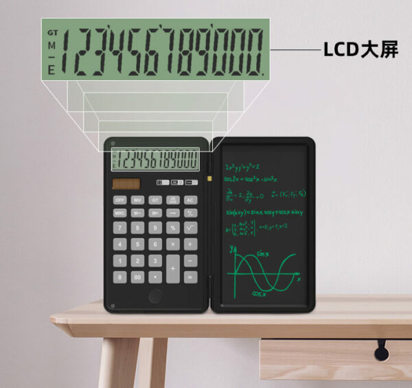 Foldable Calculator with Erasable 6 Inch Writing Tablet, LCD Large Display 12-Digit Battery Powered