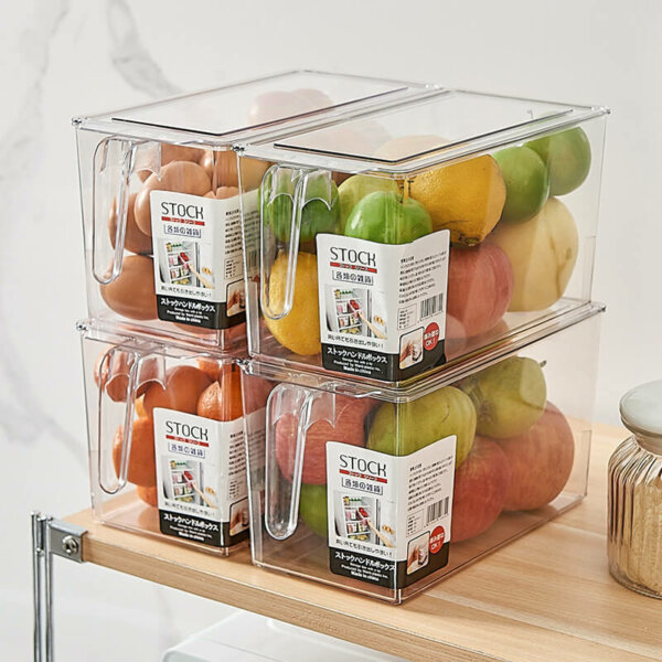 Clear Stackable Refrigerator Organizer Bin with Front Handle and Lid for Fruit, Vegetables, Yogurt, Snacks, Pasta, Produce, Drinks