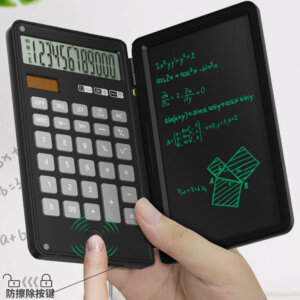 Foldable Calculator with Erasable 6 Inch Writing Tablet, LCD Large Display 12-Digit Battery Powered