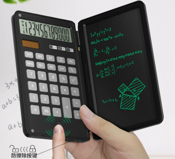 Foldable Calculator with Erasable 6 Inch Writing Tablet, LCD Large Display 12-Digit Battery Powered