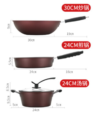 3-Piece Cookware Set-Nonstick Wrought Iron Wok, Soup Pot, Frying Pan