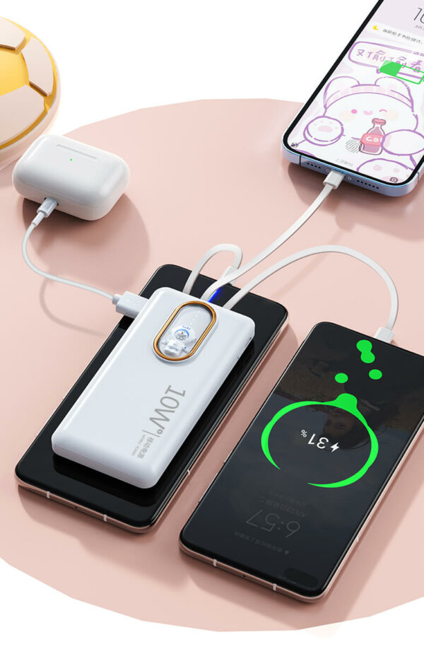 Portable Cute 10000mAh Power Bank with Detachable Ports & Flashlight