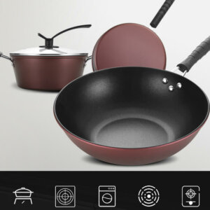 3-Piece Cookware Set-Nonstick Wrought Iron Wok, Soup Pot, Frying Pan