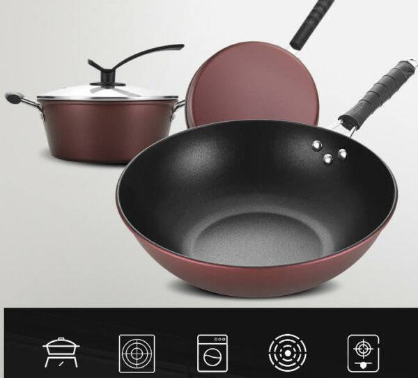 3-Piece Cookware Set-Nonstick Wrought Iron Wok, Soup Pot, Frying Pan