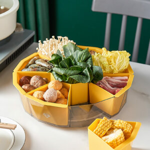 Rotating Hot Pot/ BBQ Platter with Colander, Plastic 9 Cell Divided Storage Containers for Party, Serving Appetizers, Relish, Fruit, Dessert, Charcuterie