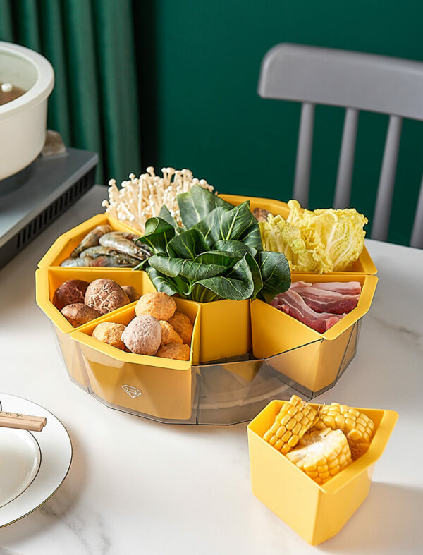 Rotating Hot Pot/ BBQ Platter with Colander, Plastic 9 Cell Divided Storage Containers for Party, Serving Appetizers, Relish, Fruit, Dessert, Charcuterie