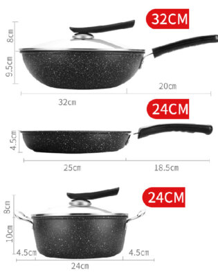 Maifanshi Iron Nonstick 3-Piece Cookware Set- Skillet, Soup Pot, Frying Pan