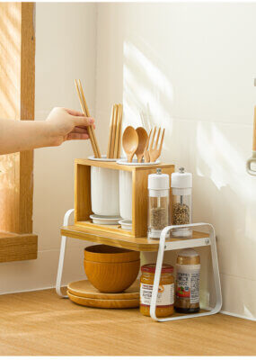 Stackable Bamboo Metal Storage Shelves-Kitchen Cabinet and Counter Shelf Organizer