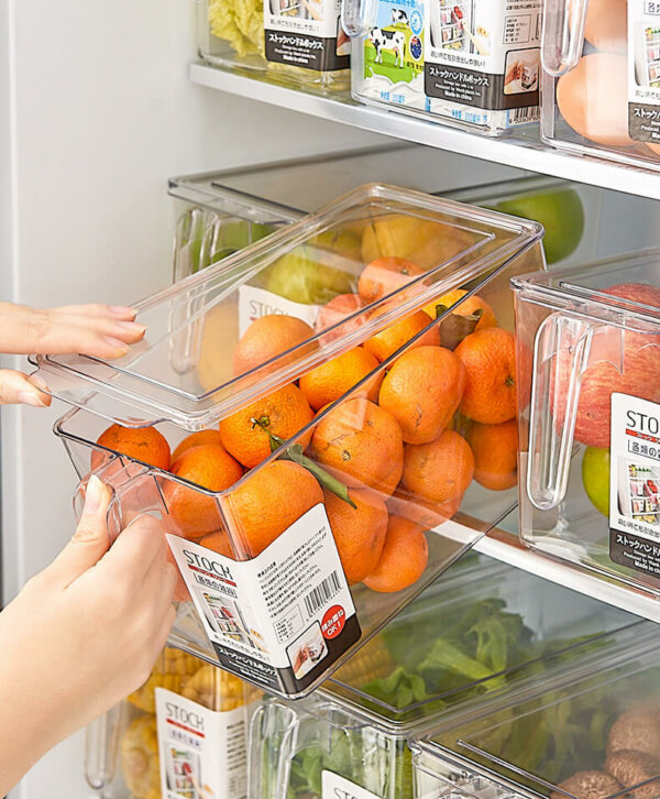 Clear Stackable Refrigerator Organizer Bin with Front Handle and Lid for Fruit, Vegetables, Yogurt, Snacks, Pasta, Produce, Drinks