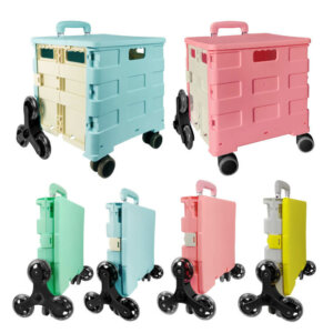 Foldable 8 Wheels Rolling Crate Handcart with Stair Climbing Wheels, Lid and Telescoping Handle