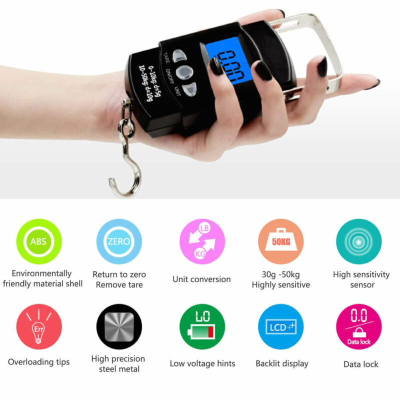 LCD Screen Portable Electronic Balance Digital Fish Hook Hanging Scale with Measuring Tape Ruler