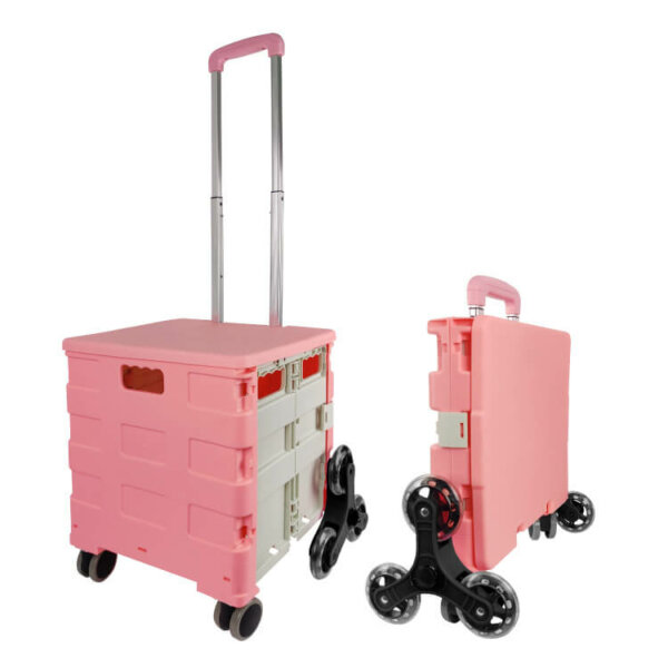 Foldable 8 Wheels Rolling Crate Handcart with Stair Climbing Wheels, Lid and Telescoping Handle