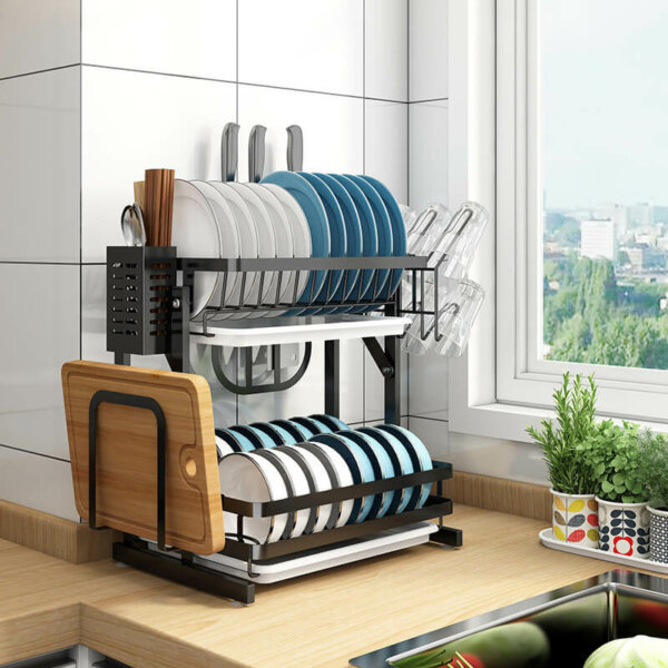 2 Tiers Collapsible Dish Drying Rack with Drainboard 6