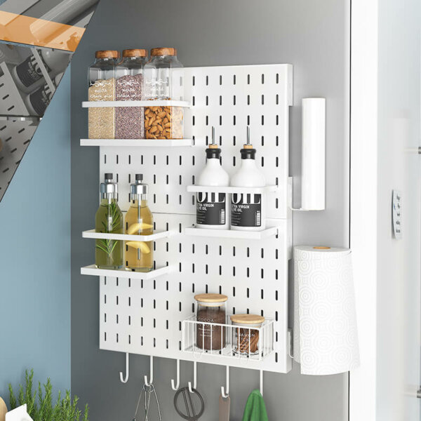 DIY Pegboard Magnetic Shelf with Paper Towel Holder Hooks 11