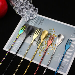 Stainless Steel Long Bar Cocktail Spoon with fork 2