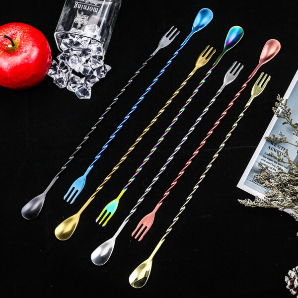 Stainless Steel Long Bar Cocktail Spoon with fork 3